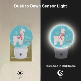 Uanvaha Cute Animal Night Light Funny Christmas Llama Wear Red Scarf Winter Snowflakes Plug in Night Lights Auto LED Lamp Energy Saving Round Lights for Boys Girls Men Women