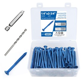 100PCS Concrete Screws Assortment Kit, 1/4" x 2-3/4" Masonry Screws with Drill Bit and Driver Bit, Flat Head Cement Screws and Anchor, Diamond Point, Self Tapping Concrete Brick or Stucco, Blue Coated