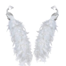 BestAlice 2 Pcs White Peacock Christmas Ornaments, 17.5 Inch Long Tail Feather Peacock Clip Ornament, Glittered Phoenix Christmas Ornament, Faux Simulation Feather Peacock for Christmas Tree Decor