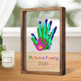 Family Handprint Kit DIY Craft Keepsake Wooden Frame Non Toxic Paints Transparent Sheets Perfect for Handprints Prints and Footprints Endless Present Set for New Parents and Family Memories (Brown)