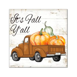It's Fall Y'all Brown Pumpkin Truck Wooden Sign Vintage Maple Leaves Wall Plaque Harvest Thanksgiving Wall Art Hanging Farmhouse Decoration Plaque For Home Front Door Entryway Porch 12x12in