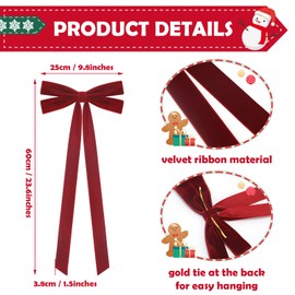 Medoore 6 Pcs Large Velvet Christmas Bow 24x10 Inch Christmas Staircase Wreath Bows Rustic Crafts Gift Ribbon Bows Vintage Christmas Tree Topper Bows for Indoor Outdoor Decorations, Red