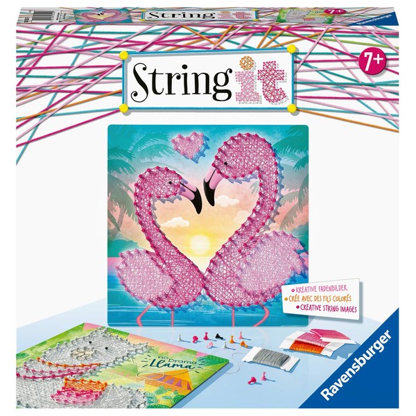 Ravensburger 18120 String it Midi Creative Thread Pictures with Trendy Llama and Flamingo Made of Plastic Pins and Colourful Thread, White
