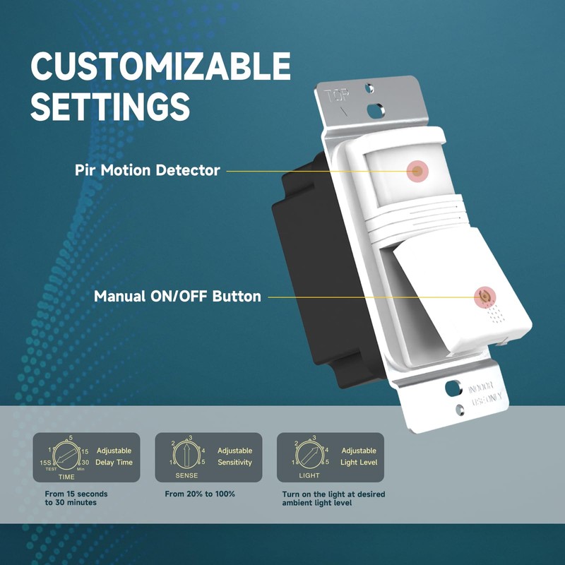 ECOELER 3Way PIR Sensor Light Switch, Neutral Wire Required, in-Wall