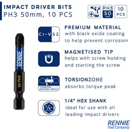 10 x Rennie Tools 50mm Long PH3 Impact Screwdriver Driver Bits Set. Magnetic Phillips No.3 Heavy Duty Impact Driver Bit Set. Long PH3 Bits. Hex Shank. Cross Head