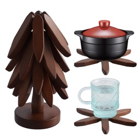 Walnut Wooden Tree Coasters, Wooden Trivets for Hot Dishes, Foldable Trivet Table Pad, Anti-scalding Heating Pads, Tree Coasters Set of 4, Creative Foldable Wood Placemats Home Decoration