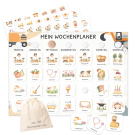 Montessori Children's Weekly Planner with Velcro Dots, Daily Plan with 350 Routine Cards - Visual Routine Planner for Children (Excavator)