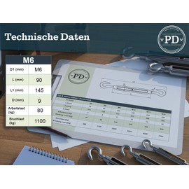 PD® Turnbuckle M6 Stainless Steel A4 (Hook Hook) | Rope Tensioner Awning Rustproof | Tension Hook with Tension Screw | Wire Tensioner for Sail Attachment, Washing Line & More | Wire Rope Tensioner |