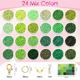 Vtssvow 2mm Glass Seed Beads for Bracelets Making, 24 Colors 22000pcs Friendship Bracelet Making Kit, Small Glass Beads for Jewelry Making (Mix 24 Color, Green)