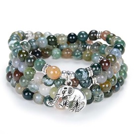 108 Mala Beads Tiny Elephant Lucky Charm Wrap Bracelet Necklace Self Discovery Yoga Inspirational Jewellery (Indian Agate)