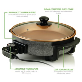 Ovente 12 Inch Electric Kitchen Skillet with Nonstick Aluminum Coated Grill Pan & Glass Lid Cover, Indoor Countertop Cooking Pan with Temperature Control & Handle Compact Easy Clean, Copper SK11112CO
