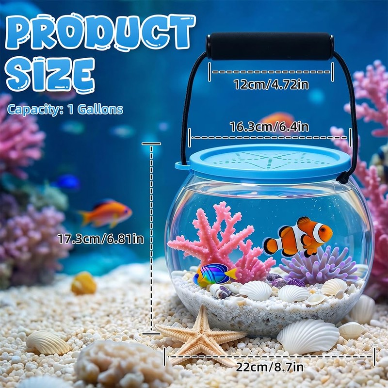 Novique Beach Aquarium Kit Clear Portable Plastic Fish Tank Catch