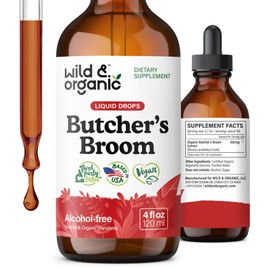 Wild & Organic Butchers Broom Tincture - Leg Support Supplement - Ruscus Aculeatus Root Drops - Herbal Butchers Broom Supplement - Vegan, No Alcohol & Sugar - 4 fl oz