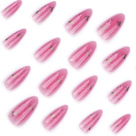 24 Pcs Rose Red Press on Nails Short Almond Nail Tips,YEFIUO Summer Fake Nails Press ons Glue on Nails Acrylic Nail Art Kit Full Cover Reusable False Nails with Flash Starburst Design for Ma'am