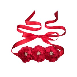 Oyabridal Flower Girl Sash Belt for Dresses Bride/Bridesmaid Sash Belts Flower Pearls Sashes for Wedding Dress (Red)