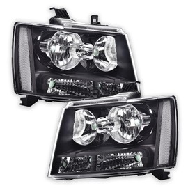 PIT66 Headlights Assembly Pair, Compatible with 2007-2014 Chevy Tahoe Suburban/2007-2013 Chevy Avalanche Corner Halogen Headlamps Clear Lens Black Housing Clear Reflector