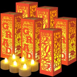 Rossesay 6 Pcs Graduation Table Centerpieces Boxes Class of 2025 Graduation Lanterns for Centerpieces with LED Candles Congrats Grad School College Party for Party Table Decoration (Orange)
