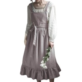 Cotton Linen Ruffle Apron for Women Girls Vintage Baking Cooking Gardening Work Apron Maid Pinafore Dress with Pockets
