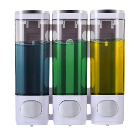 300mL*3 Soap Dispenser,Shampoo Dispenser Wall Mounted for Bathroom,White Mixed Silver 3 Chamber Simple Human Plastic Body Wash Shower Gel Shampoo Conditioner Soap Dispenser Holder No Drill Set