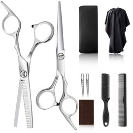 Professional Hair Cutting Scissors Set Stainless Steel Barber Scissors Thinning Shear Hairdressing Scissors kit include Cape Clips Comb Leather Scissors Case for Barber Salon and Home