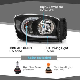 CHEDA LED Front Headlights Assembly Headlamp Left+Right Side Compatible with Dodge Ram 1500 2006-2008/ Fit Ram 2500 3500 2006-2009 Clear Lens Black Housing Clear Reflector