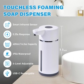 Automatic Soap Dispenser, 4-Level Adjustable Foam Hand Soap Dispenser, USB Rechargeable Touchless Soap Dispenser for Bathroom Countertop, Kitchen, 420ml, White