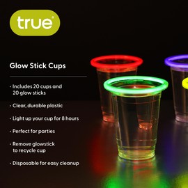 True Glow Stick Rim, Light Up, Beer Pong, Party Adults, 16oz Clear Plastic Cups, Set of 20, Assorted