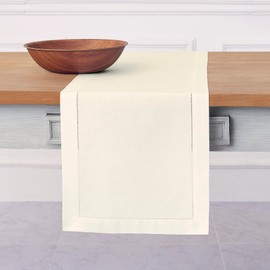 Solino Home Ivory Table Runner 108 Inches Long - Cotton Linen Hemstitch 14 x 108 Inch Table Runner for Dining, Spring, Summer, Mothers Day