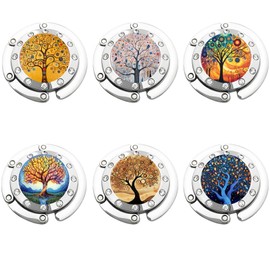 MYLEUS Foldable Purse Hanger Set of 6 - Mixed Color Tree of Life Pattern, Portable Hands-Free Bag Hook for Women, Space-Saving Table Desk Organizer for Restaurant, Office, Home