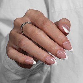 KQueenest White French Tip Press On Nails Short Almond, 30 Pcs Acrylic Press On Nails With Glue, Glossy Soft Gel Short Fake Nails Press ons, Reusable Natural Nude Glue on Nails for Women Weddings