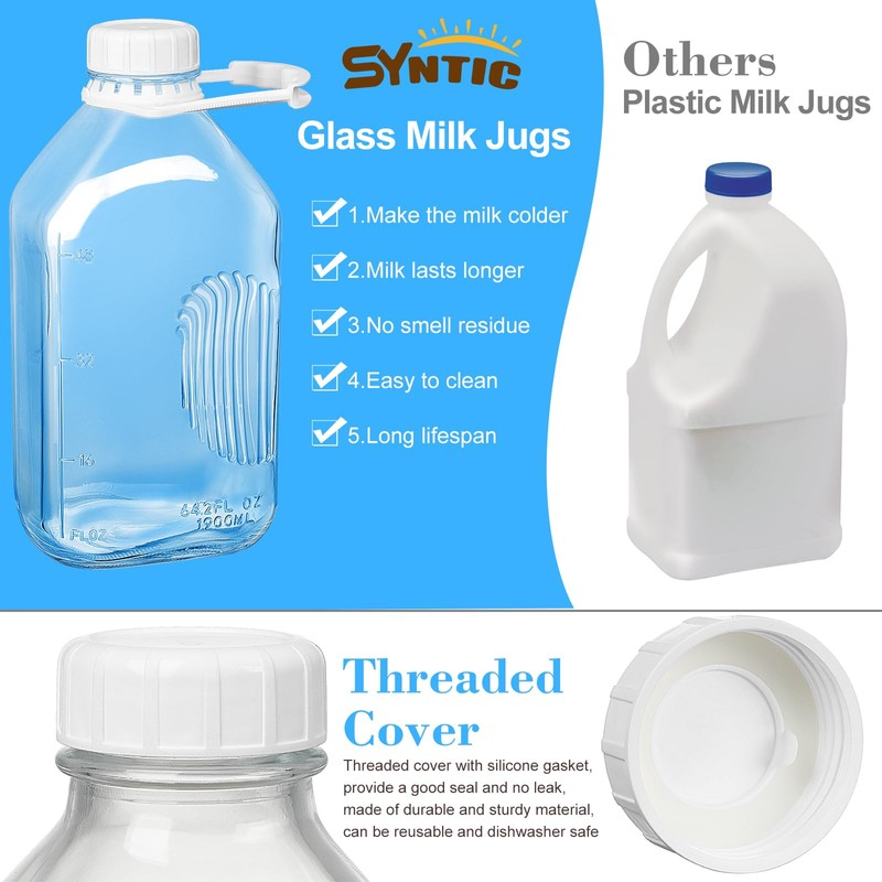 Syntic 4 Pack 2 Qt Glass Milk Bottles with Handle