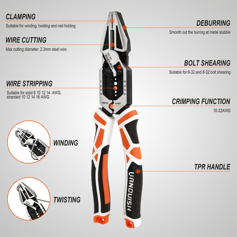 VANQUISH 8-in-1 Linesman Pliers, 8’’ Multipurpose Combination Pliers Wire Cutter/Crimper/Stripper,