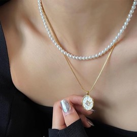 Jeyfull 14K Gold 5mm Pearl Necklaces for Women - Dainty Round Imitation Pearl Choker Necklaces for Women Elegant Wedding Jewelry Bridesmaid Gifts Delicate Simple Jewelry for Special Occasions Daily Wear