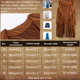 KINBOM Hippie Kostüm Set Damen, 60er 70er Hippie Costume Set Bohemian Hippie Kostüm Damen Accessoires Set Fransen Weste Stirnband Herz Sonnenbrille für Damen (L)