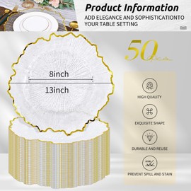 50Pcs Gold Charger Plates Round 13inch, Clear with Gold Rim, Reef Charger Plate for Dinner, Bulk Plastic Floral Table Charger Plates for Dinner Wedding Party Event