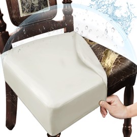 WUSOUPU Waterproof Dining Chair Seat Covers Leather Kitchen Seat Covers, Stain Resistant Stretch Chair Seat Covers for Dining Room Chairs Set of 8, Rear Covered Washable Dining Chair Covers Cream