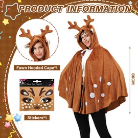 OUMDON OUMDON Rentier Karneval Kostüm Damen: Braunes Elch Cape mit Glitzer Gesichtstattoo - Reh Damen Kostüm für Karneval Fasching und Weihnachtsfeiern (Reh Cape)