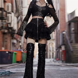 Insgoth Gothic Mini Skirts for Women Goth Lace Black High Rise Zipper Fairy Cute
