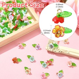 Stiesy 80Pcs 8 Colors Resin Flower Charms Small Flower Pendants Floral with Green Leaf Charms Bulk for Jewellery Bracelet Making Crafting DIY Necklace