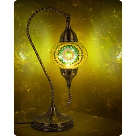Yarra-Decor Turkish Moroccan Mosaic Table Lamp with Bronze Base - 3 Color Options Handmade Swan Neck Tiffany Mosaic Glass Bedside Lamps for Bedroom, 19" Green1(LED Bulb Included)