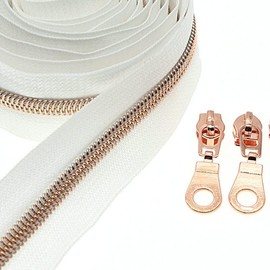 #5 Metallic Nylon Coil Zipper by The Yard, Bulk 10 Yards White Tape Rose Gold Teeth with 25 PCS Rose Gold Zippers Pulls for Sewing, Bags, Purses (White) YIGUANXIN
