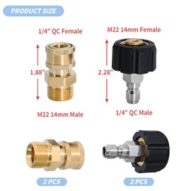 2Pair Pressure Washer Adapter Set, M22-14mm to 1/4'' Quick Connect Couplers for High Pressure Washer Hose