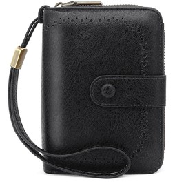 GOUNNU Women's Leather Soft Purse RFID Protection Purse Women Vintage Women's Purse Medium Size with 32 Card Slots and Wrist Strap Wallet Short Format, black, Modern