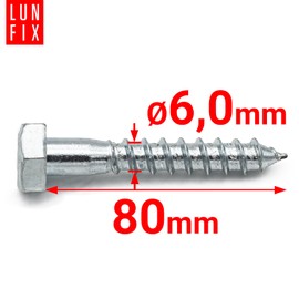 Lun Fix: Hexagon Wood Screws 6 x 80 mm - Pack of 50 - DIN571 - Key Screws - Head Shape: Hexagonal Head - Galvanised Steel - Wood Screws - Wood Screw Hex