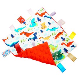 G-Tree Baby Comfort Blanket with Tag, Taggy Blanket - Multi-Coloured Dinosaurs Tag, Taggy Blanket - Red Textured Underside