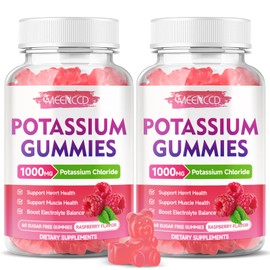 2 Pack Potassium Gummies, Potassium Chloride 1000mg for Adults, Sugar-Free Potassium Supplement Gummies Support Electrolyte Balance & Leg Cramps for Women & Men, Raspberry Flavor, 120 Count