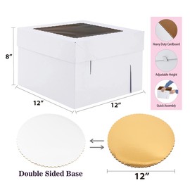 Huoshange Huoshange Cake Boxes with Window 12x12x8 Inch [5Pack] Sturdy Tall Cake Box for Tier Cakes,White Cake Carrier, Disposable Cake Containers-5 Boxes-5 White/Gold Thick Cake Boards