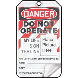 Accuform Lockout Tags, Pack of 5, Danger Do Not Operate My Life is on The Line with Picture Insert, US Made OSHA Compliant Tags, Tear & Water Resistant Self-Laminating PF-Cardstock with Grommets