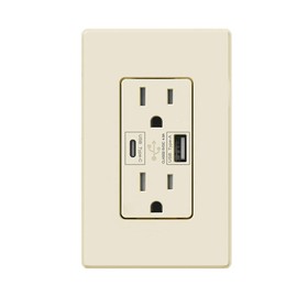 USB C Wall Outlet Receptacle, 4.8A USB Type C + A, High Speed Charging for Smart Devices,1 USB C, 1 USB A Charging Ports, 15 Amp Duplex Receptacle Tamper-Resistant w/Wall Plate (1, Ivory)