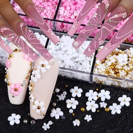 6Grids 3D Flower Nail Art Charms White Pink Nail Charms for Acrylic Nails Design Gold Silver Pearls Nail Gem Supplies Rhinestones Floral Nail Accessories for Women DIY Nail Decorations Crafts